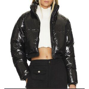 Revolve Blank NYC Jacket Shiny Patent Black Cropped Puffer Large NWT